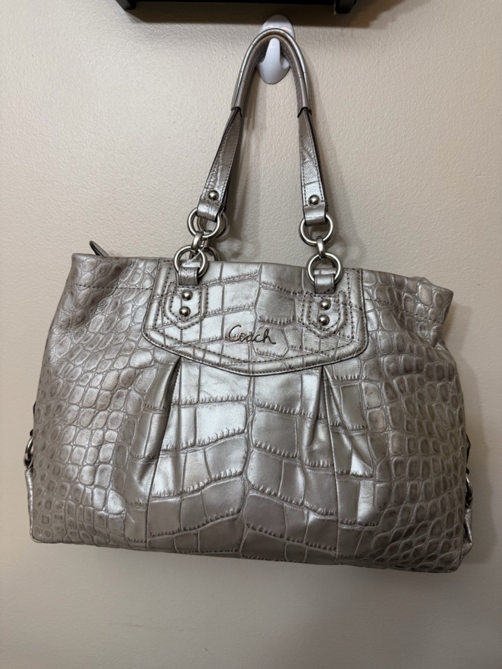 Coach Metallic Silver Croc-Embossed Tote#F20345 - Picture 2 of 15